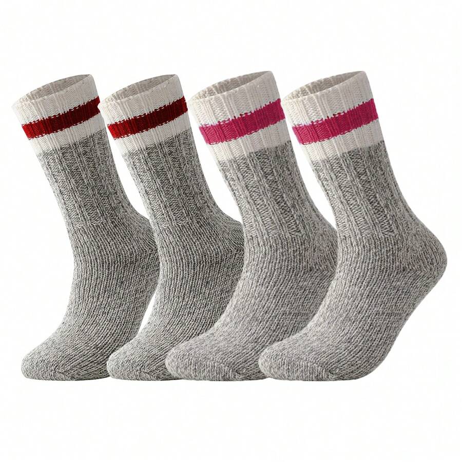 2 雙裝女款美利奴羊毛襪,適合秋冬運動,保暖,戶外條紋休閒媒體 - 灰色 - 查看 1