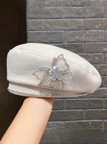 1pc Women's Fashion Crystal Hollow Mesh Bow Decor Wool Beret Hat, Elegant For Autumn/Winter Warmth And Daily Outfit