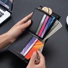 CarrKen 男士短款黑色商務錢包,具備多功能2摺鈔票夾、信用卡槽和拉鍊袋 - 黑色 - 查看 2