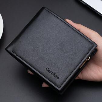 CarrKen Men's Short Black Business Wallet With Multi-functional 2-folded Bill Section, Credit Card Slot, And Coin Pocket With Zipper