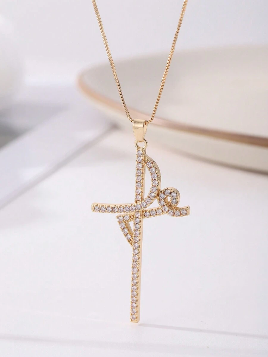 1入吊墜項鍊,雙吊墜鑲有方形立方氧化鋯,鍍金銅材質,聖誕禮物 - 金黃色 - 查看 1