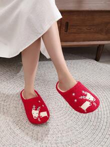 女士聖誕節紅色卡通鹿紋時尚室內拖鞋,軟防滑鞋底 - 紅色 - 查看 4