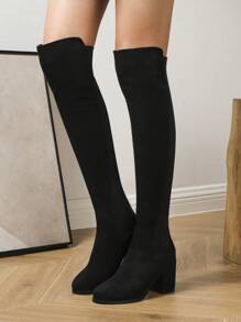 女士时尚粗跟过膝牛仔裙靴，春秋季，一脚蹬弹力紧身靴，冬季，及膝粗跟复古马靴 - 黑色 - 查看 4