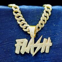1 pc Personalised Lightning Label Pendant with Miami Chain,15MM Silvery/Golden Beautifully Rhinestone Pendant Necklace for Men's and Women,Street Hip Hop Jewelry Gifts - Yellow Gold - View 4