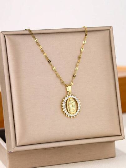1pc Retro Popular Oval Cubic Zirconia Virgin Mary Pendant Necklace For Children Fashion Party Jewelry For Daily Wearing