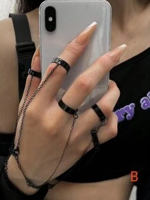 套歐美金屬鏈環手鍊環組合男女通用嘻哈龐克風格戒指，復古 - 銀色 - 查看 3