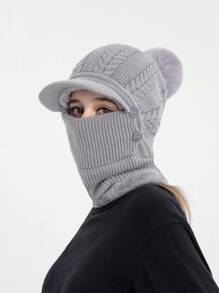 1 件女士冬季加厚羊毛帽围巾组合，镀锌贝雷帽设计，保暖内衬，针织无纽扣无檐帽，适合冬季骑行和保暖 - 灰色 - 查看 1