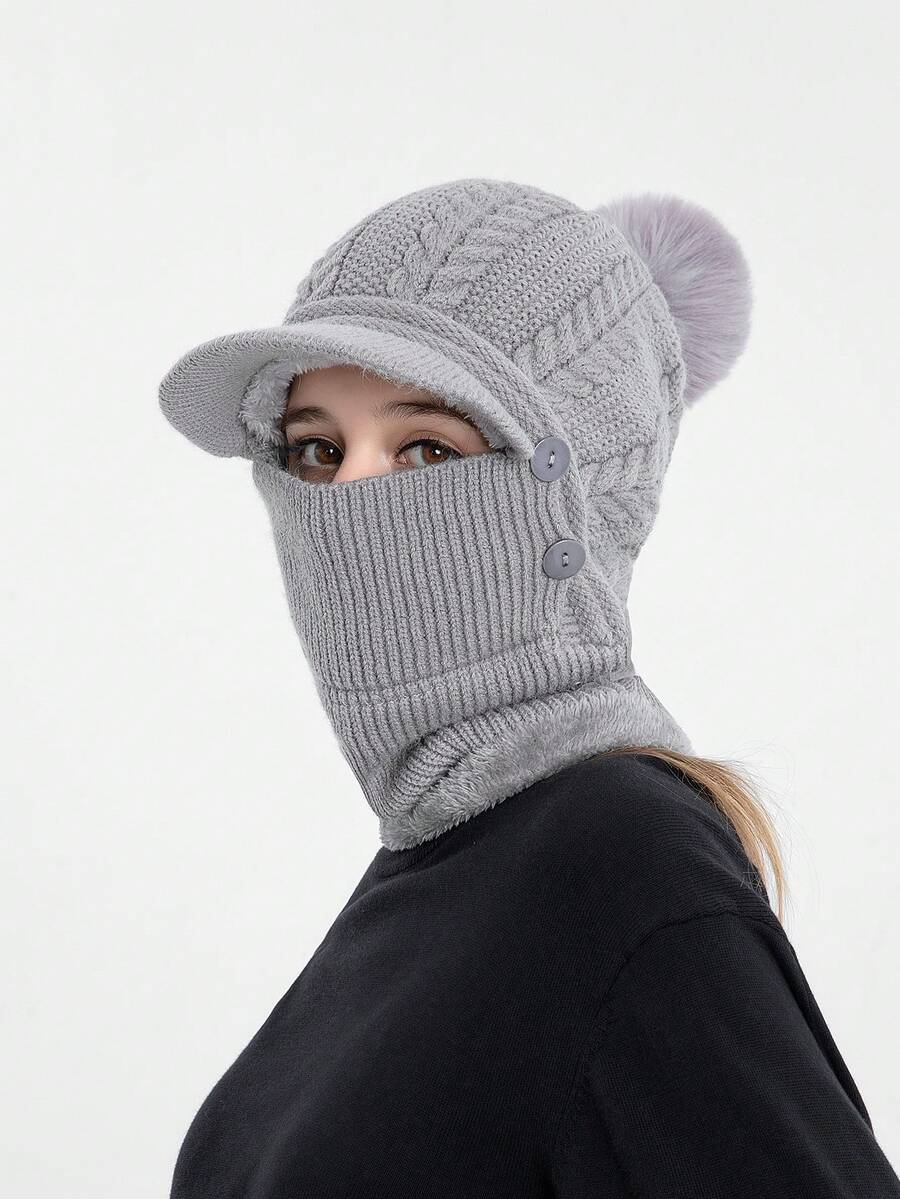 1 件女士冬季加厚羊毛帽围巾组合，镀锌贝雷帽设计，保暖内衬，针织无纽扣无檐帽，适合冬季骑行和保暖 - 灰色 - 查看 1