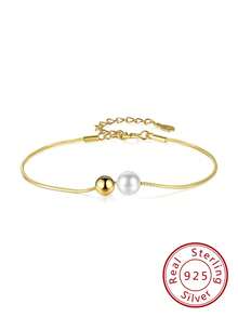 1 件珍珠手链 S925 银手饰球韩版简约时尚镀 14K 真金女士珠宝情人节结婚季