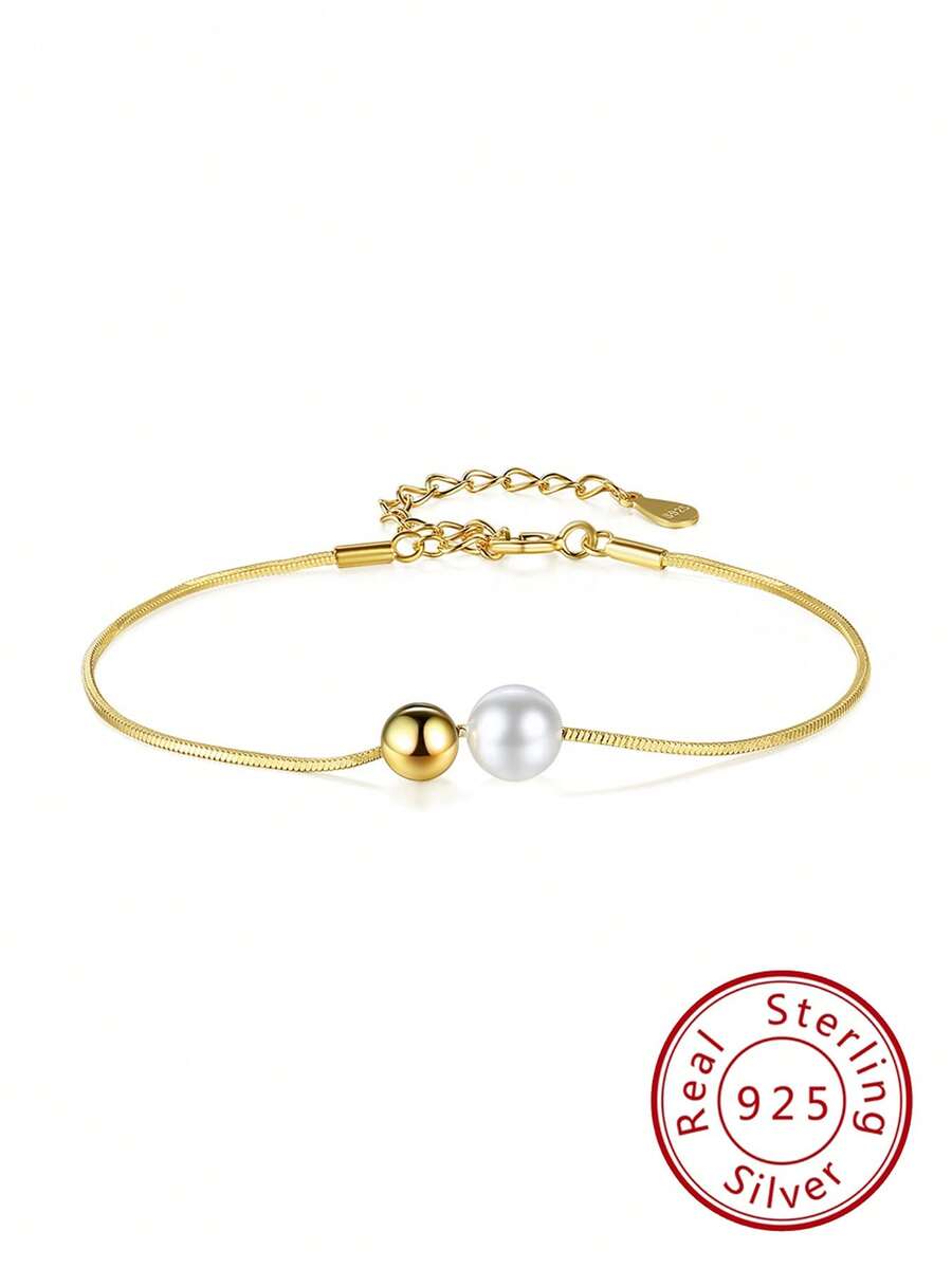 1 件珍珠手链 S925 银手饰球韩版简约时尚镀 14K 真金女士珠宝情人节结婚季