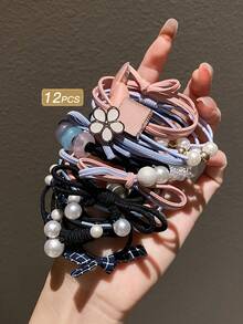 12入組女式簡約彈性假珍珠髮帶
