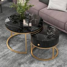 Moderna mesa de centro nido de alto brillo patrón de mármol conjunto de 2 mesas de centro redondas Mesa auxiliar nido redonda - Negro - Ver 2