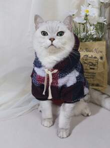 1 件格子印花羊毛连帽夹克，冬季适合小型/中型猫和狗的保暖宠物服装 - 藍色 - 查看 6