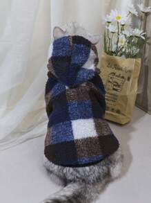 1pc Plaid & Printed Fleece Hoodie Sweater With Drawstring Closure Suitable For Small-medium Sized Cats/dogs, Very Warm For Winter - Blue - View 11