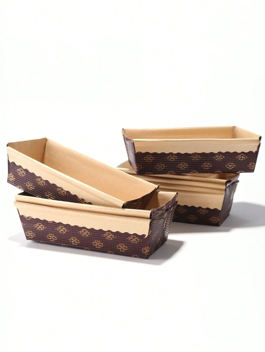 5pcs Rectangular Corrugated Paper Bread Tray, Boat-shaped Cupcake Mold, Non-stick Baking Tray, Kitchen Bakeware Cake Mold - Brown - View 1