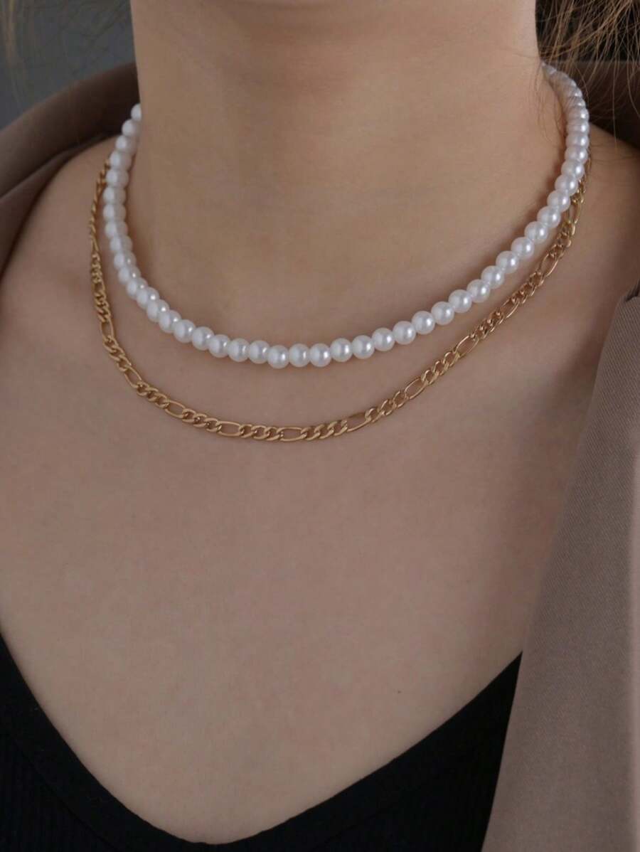 1pc Elegant Style Pearl Necklace With Double Layer Flat Snake Chain, Alloy Chain, Perfect For Ladies' Commuting & Party - Multicolor - View 1