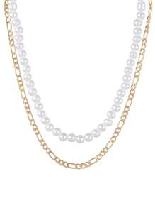 1pc Elegant Style Pearl Necklace With Double Layer Flat Snake Chain, Alloy Chain, Perfect For Ladies' Commuting & Party - Multicolor - View 7