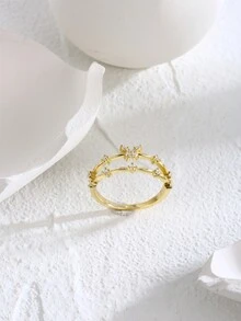 LEKANI 1 件 S925 純銀金戒指,簡約別緻優雅的設計,帶有精緻蝴蝶和雙層裝飾,是日常佩戴送給朋友或女朋友的完美禮物 - 金色 - 查看 3