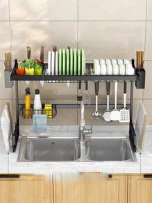 cocina encimera Plato Estante de almacenaje , hierro plato Estante secado con drenaje Bandeja para casa usar-65CM - Negro - Ver 6