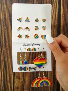 12pairs/Set Women's Multicolor Plastic & Metal Fashionable Earrings With Rainbow Heart, Star And Triangle Design, Suitable For Daily Wear - Multicolor - View 1