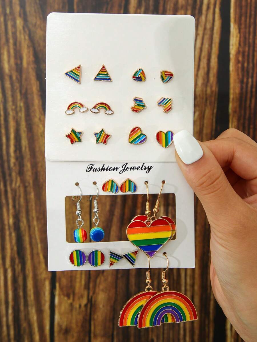 12pairs/Set Women's Multicolor Plastic & Metal Fashionable Earrings With Rainbow Heart, Star And Triangle Design, Suitable For Daily Wear - Multicolor - View 1
