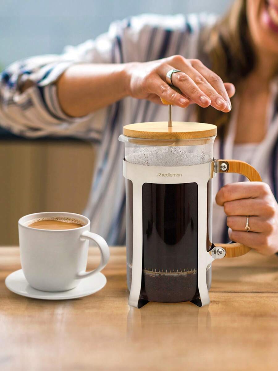 Redlemon Coffee Maker Bamboo French Press (1 Liter) For Coffee,  Stainless Steel With Integrated Filter And High Temperature Resistant Glass, Ideal For Ground Coffee With Mill