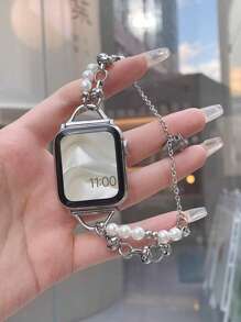 1入白色珍珠裝飾掛墜手錶錶帶適合所有Apple手錶帶型號38mm/40mm/41mm/42mm/44mm/45mm/49mm尺寸，適用於系列Ultra/Se/S9/8/7/6/5/4/3/2 /1型號，與裙子一起在所有季節中使用，是一款完美的手錶帶，易於調整，不易褪色。 - 銀色 - 查看 1
