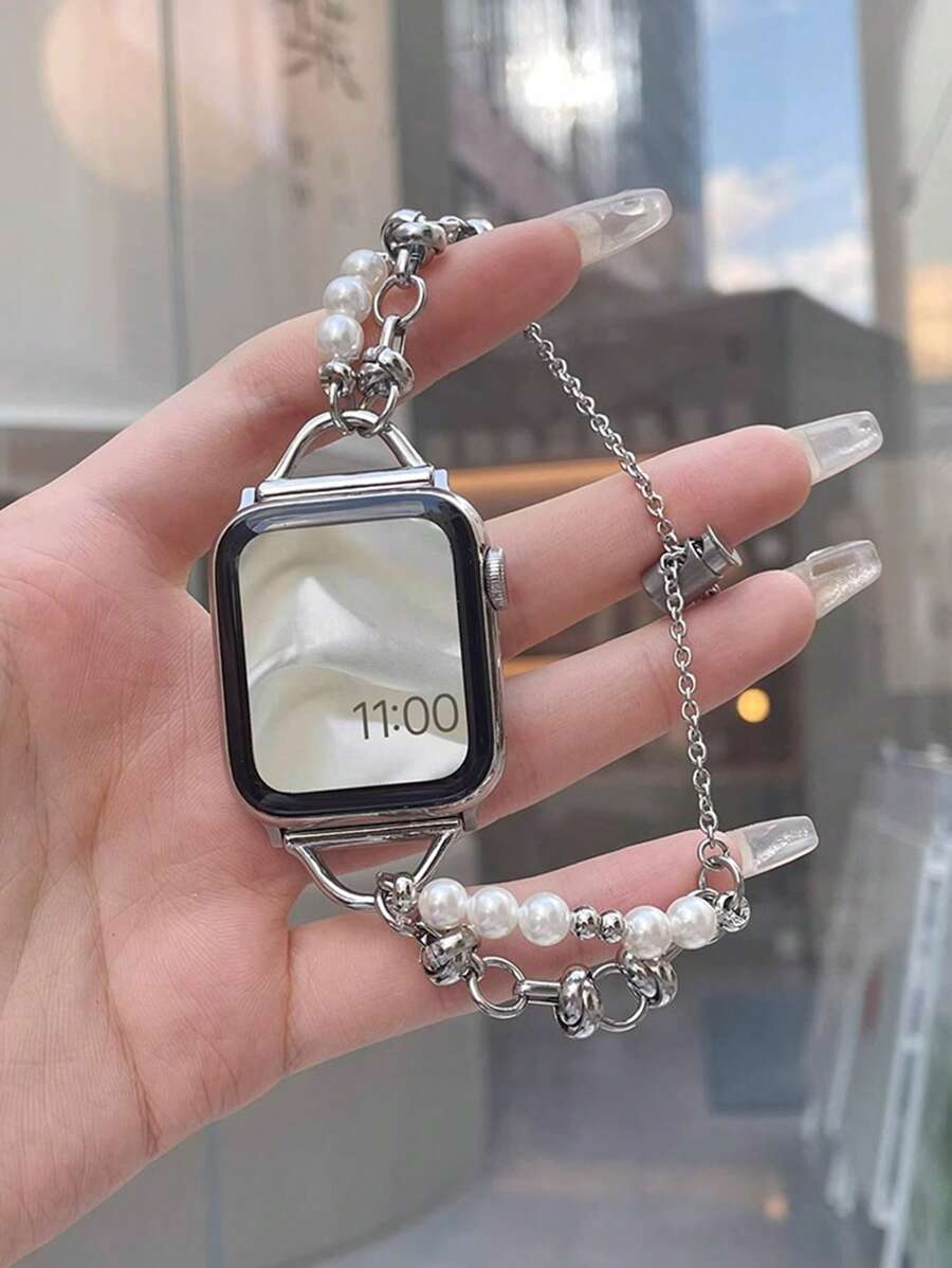 1入白色珍珠裝飾掛墜手錶錶帶適合所有Apple手錶帶型號38mm/40mm/41mm/42mm/44mm/45mm/49mm尺寸，適用於系列Ultra/Se/S9/8/7/6/5/4/3/2 /1型號，與裙子一起在所有季節中使用，是一款完美的手錶帶，易於調整，不易褪色。 - 銀色 - 查看 1