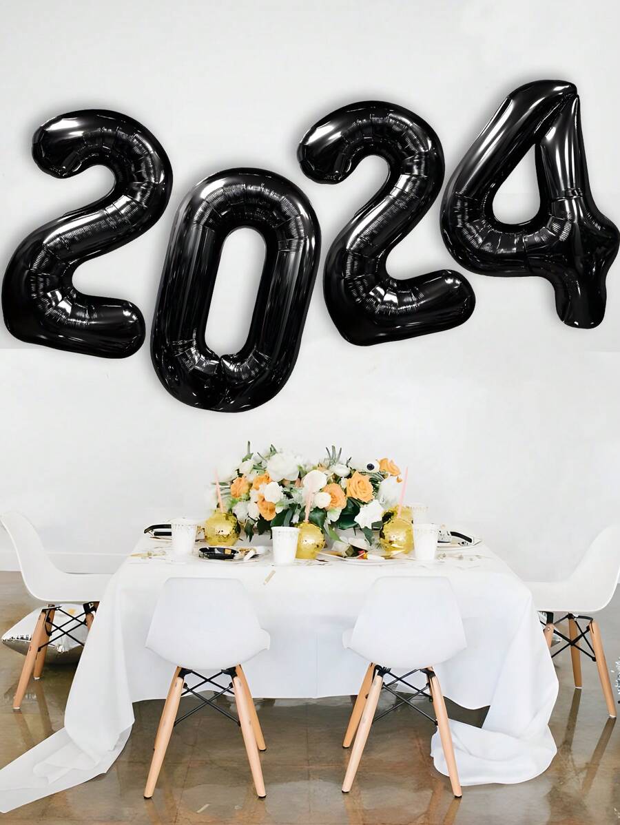 4入組32英吋黑色2024新年氣球膠鏈,2024數字氣球套裝,非常適合新年聚會黑金色氣球裝飾,派對房間牆壁裝飾和新年戶外圍欄裝飾