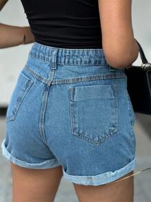 Women Denim Shorts - 淺色水洗藍 - 查看 2