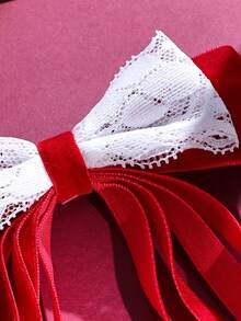 1pc/pack Red Velvet & White Lace Long Ribbon Bow Hair Clip For Kids' Decoration - Multicolor - View 5