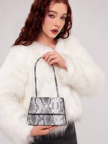 Minimalist Fashion Shoulder Bag With Contrast Color Snake Skin Pattern For Commute And Casual Outingshandbag, Cross Body Bag,Fashionable,Fashion,VintagePU Leathernovelty Bag,Small Bag, Square Bag,For Ladies And Girls, Leisure, Weekend And Holiday - Grey - View 1