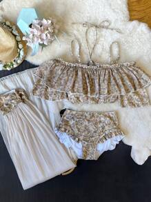 Set da 3 pezzi di costumi da bagno per donna, costume da bagno con gonna rimovibile, spalle scoperte e rifiniture arricciate, adatto per spiaggia, viaggio e spa estiva