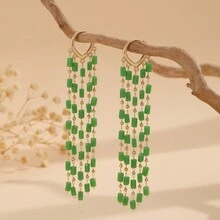 1對手工製作的綠色水晶長流蘇銅耳環,適合女性日常佩戴