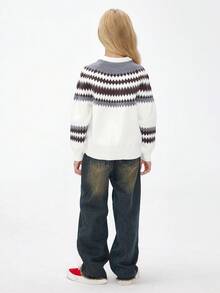 DKRD Tween Girl Geo Pattern Raglan Sleeve Sweater - White - View 5