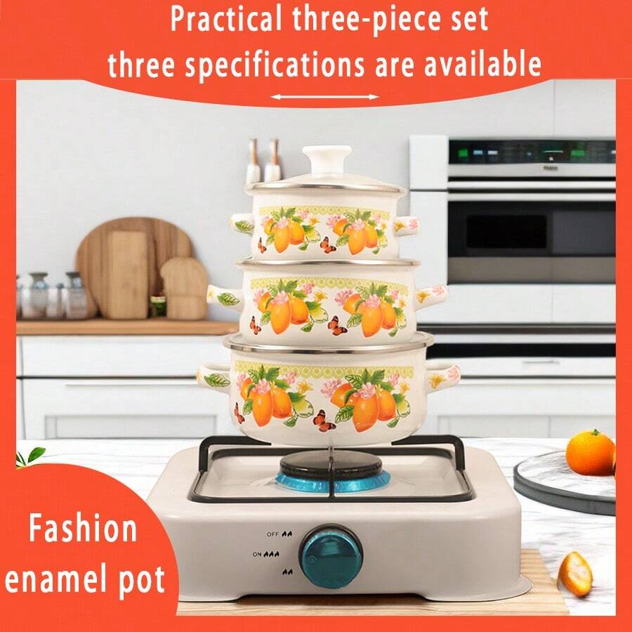 3pcs Enamel Pot Set With Glass Lids And Mini Pot, 3 Sizes Included. Suitable As Portable Outdoor/camping Kitchen Cookware, Can Be Used On Electric Stoves And Gas Stoves. Comes In Flower/melon/leaf Print. Durable And Heat Resistant For Soup Cooking And Table Serving. - lemon on white background - View 1