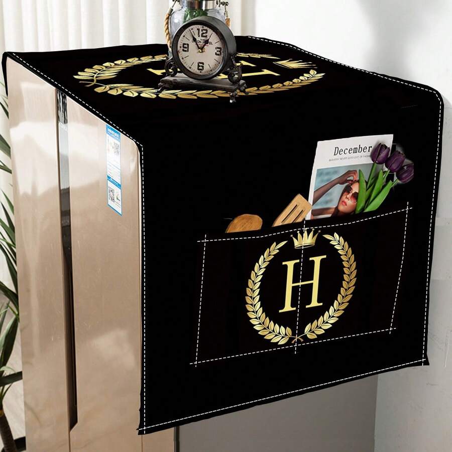 1個黑色和金色字母印花側邊收納袋灰塵罩,可用於帶有滾筒的冰箱、微波爐和洗衣機 - 金色 - 查看 1