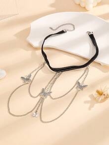 1pc Fashionable Lace Elasticity Leg Chain With Multiple Butterflies Metal Chains And Tassels - Silver - View 4