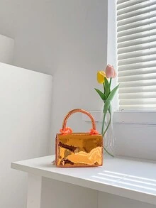 1個純色亞克力鍊配件pu迷你口紅盒,女士必備 - 橘色 - 查看 4