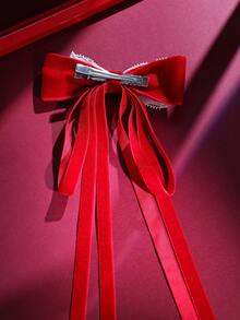 1pc/pack Red Velvet & White Lace Long Ribbon Bow Hair Clip For Kids' Decoration - Multicolor - View 3