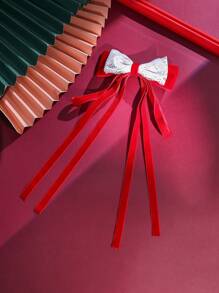 1pc/pack Red Velvet & White Lace Long Ribbon Bow Hair Clip For Kids' Decoration - Multicolor - View 1