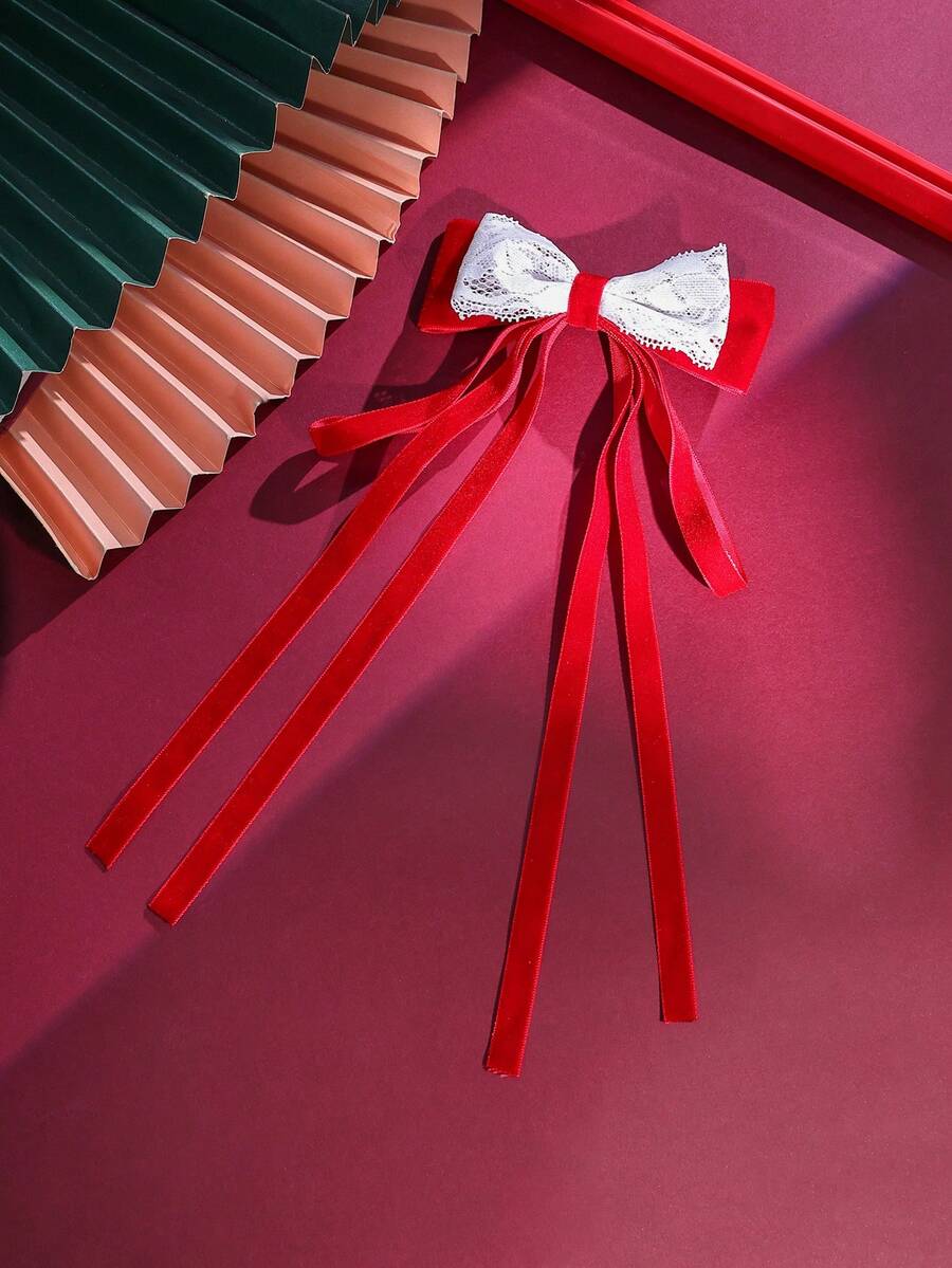 1pc/pack Red Velvet & White Lace Long Ribbon Bow Hair Clip For Kids' Decoration - Multicolor - View 1