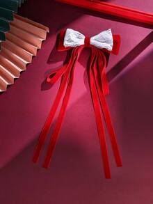 1pc/pack Red Velvet & White Lace Long Ribbon Bow Hair Clip For Kids' Decoration - Multicolor - View 6