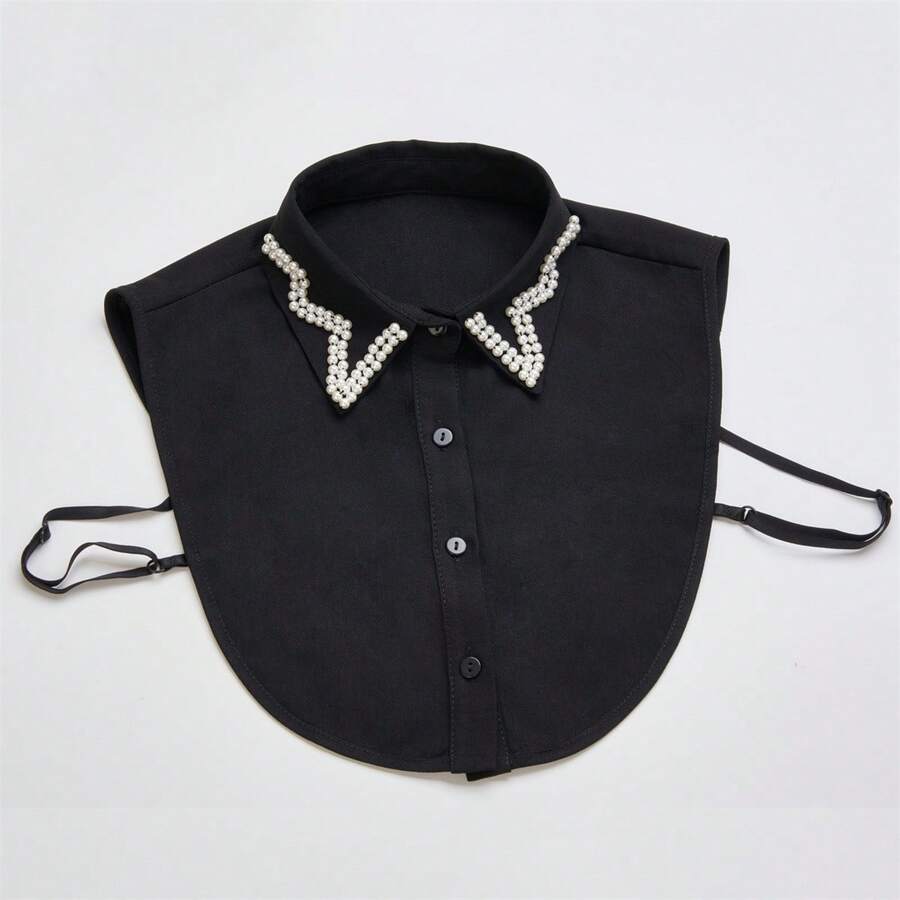 1件女士黑白色雪紡珍珠裝飾時尚可拆式領子
