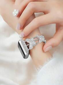 1pc Women Crystal-Embedded Butterfly Design Watch Band,Fashion Metal Bracelet Wrist Strap For 38mm 40mm 41mm 42mm 44mm 45mm 46mm 49mm Luxury Silver Stainless Steel Watchband - Silver - View 6