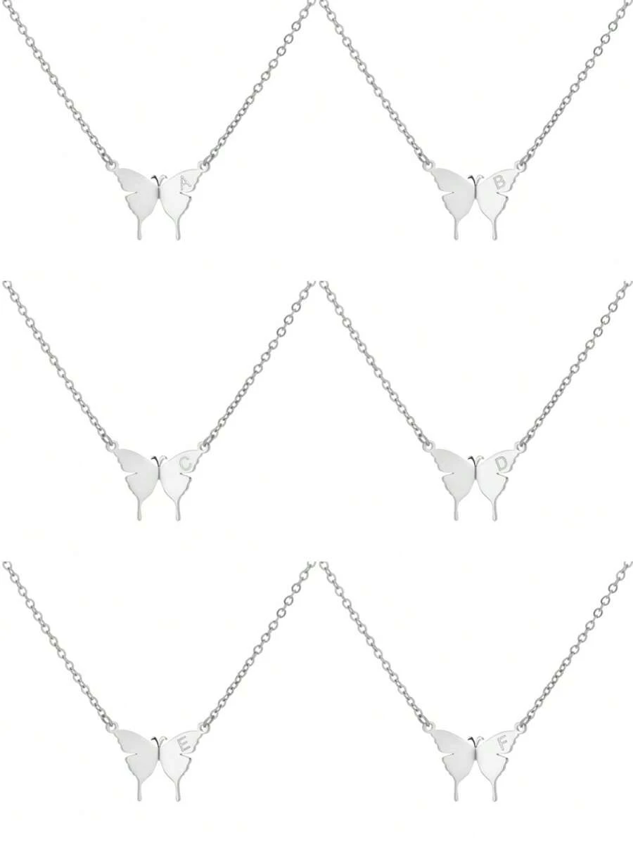 1 件歐美風格時尚甜美蝴蝶字母吊墜項鍊適合日常佩戴 - 銀色 - 查看 1