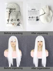 1pc Long Straight Synthetic Wig With Bangs & 1pc Wig Cap - White - View 8