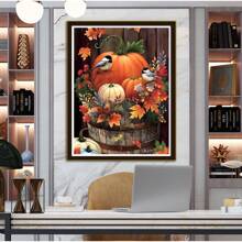 南瓜和鳥的十字繡套件,diy手工刺繡,客廳家居裝飾掛畫線刺繡9ct11ct印花布餐廳豎直版自助刺繡 - 36種顏色繡線 - 查看 2