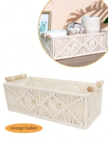1pc Bohemian Style Handwoven Lace Storage Basket, Desktop Organizer Box For Bedroom, Nursery, Living Room, Suitable For Decorative Tabletop, Toilet, Shelf And Cabinet - 12x5.5x4in