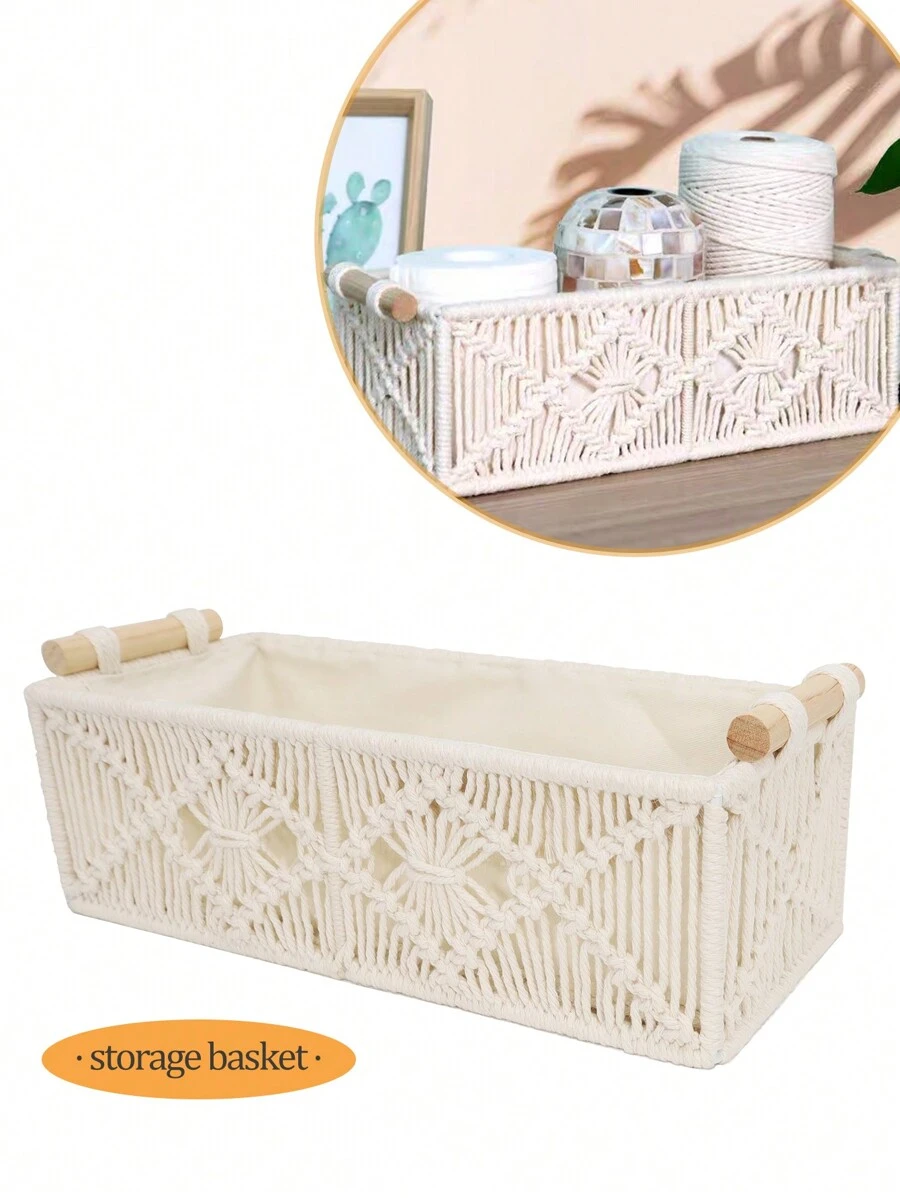 1pc Bohemian Style Handwoven Lace Storage Basket, Desktop Organizer Box For Bedroom, Nursery, Living Room, Suitable For Decorative Tabletop, Toilet, Shelf And Cabinet - 12x5.5x4in